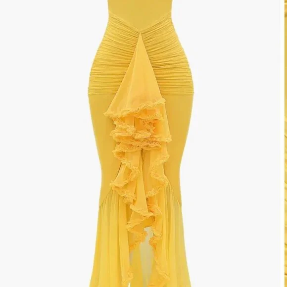 XS - House of CB London Yellow Ruffle Front Gown - Picture 3 of 5